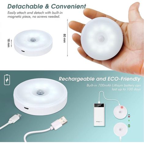 Applique LED wireless con sensore di movimento per uso interno, luce notturna decorativa con rilevatore di ricarica USB magnetico, bianco (confezione da 8) (1/4)