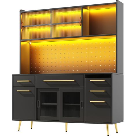 ELVMI Credenza Alta da Cucina con 2 Cassetti e Ante Scorrevoli con LED per Cucina in MDF Nero 145x39x171 cm (1/5)