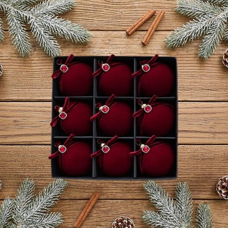 Coffret 9 boules de Noël en velours bordeaux 8 cm, ornements suspendus sapin de Noël, décoration festive (1/3)