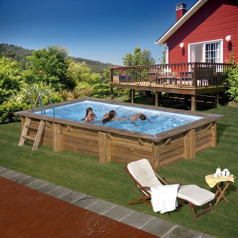 GRE – Piscine hors sol en bois traité autoclave IV – Rectangulaire 4,27m x 2,77m x H: 1,19m – Volume 9m³ – Accessoires inclus