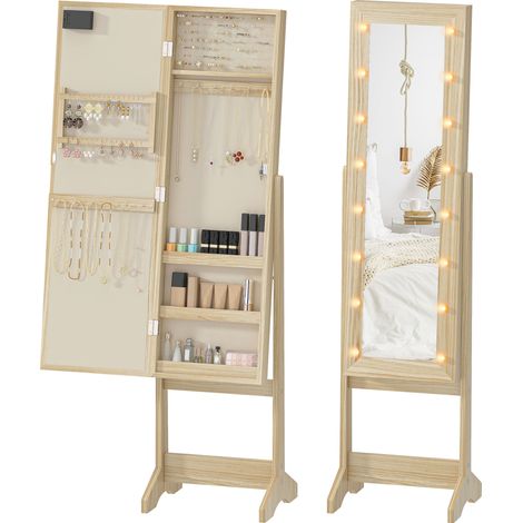 HOMCOM espejo joyero con luces led, armario para joyas, armario joyero de pie con espejo entero, ángulo ajustable, con estantes, madera natural