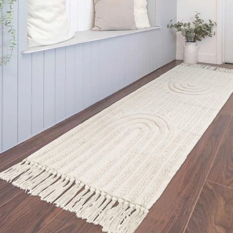 Tapis de Salle de Bain bohème, Tapis de Cuisine bohème, Tapis d'entrée en Coton de Ferme pour Chambre/buanderie, jeté tissé décoratif (Beige 60 x 180 cm (1/5)