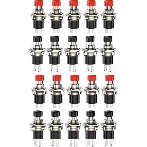 PBS-110 Lot de 20 boutons poussoirs momentanés (10 rouges + 10 noirs) Interrupteur SPST ON/OFF 12 V pour voiture, bateau et électronique Design robuste avec 2 broches (1/5)