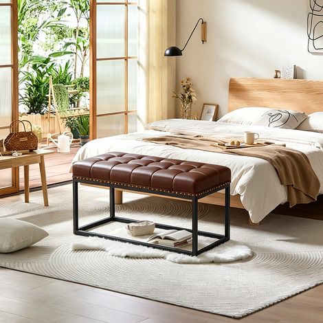 Banc vintage 90 cm avec assise en simili cuir capitonnée à boutons, piètement métal industriel, pour entrée, chambre, salon ou pied de lit (Brun) (1/5)