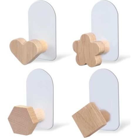 Lot de 4 crochets muraux pour enfants - Sans perçage - En bois - Auto-adhésifs - Pour chambre d'enfant (1/4)