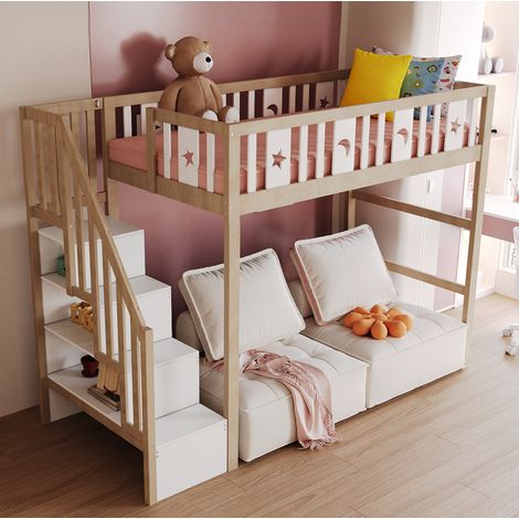 Lit mezzanine 90x200 cm avec escalier et rangements, en bois blanc et naturel, sans matelas (1/5)