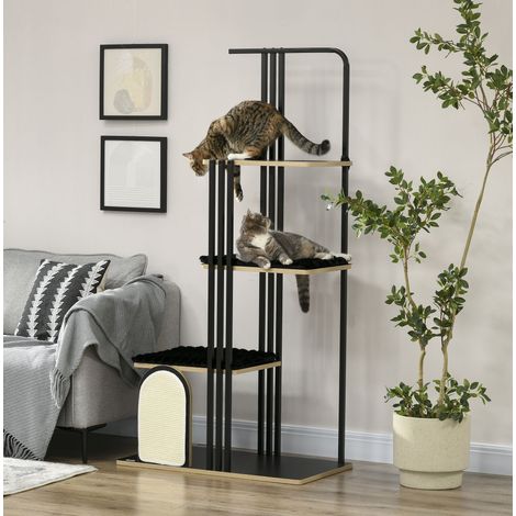 Arbre à chat 170 cm en panneaux de particules et acier noir, 3 plateformes, gain de place – MEUBLIV (1/5)