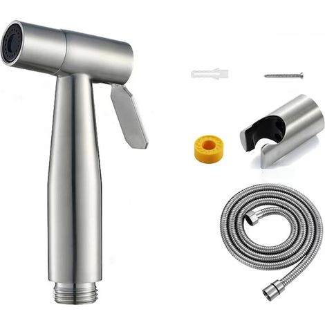 Douchette hygiénique pour WC, buse de nettoyage haute pression, pression d'eau réglable par simple pression d'un bouton, acier inoxydable 304, avec socle, flexible de douche de 1,2 m et accessoires de (1/5)