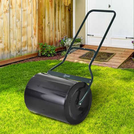 Rouleau à gazon Outsunny avec poignée en U, rouleau de jardin, diamètre 40 cm, capacité de remplissage eau/sable 60 L, métal, noir, 57 x 40 x 123 cm