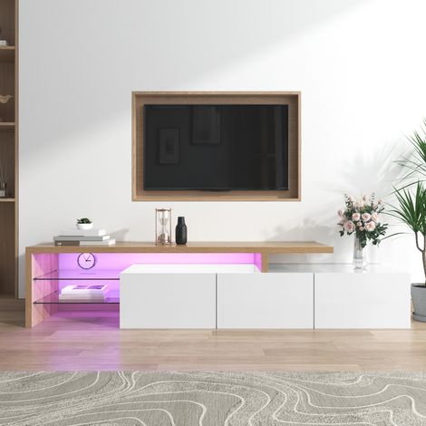 Meuble TV blanc brillant imitation bois avec étagères vitrées, éclairage LED intégré, rangement design pratique et élégant