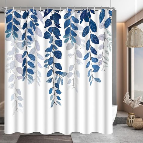 Rideau de douche - 240 x 200 cm - Motif feuilles bleues - Ourlet lesté - Textile anti-moisissure - Imperméable - Lavable - En tissu polyester - Avec 16 œillets et anneaux de rideau de douche (1/5)