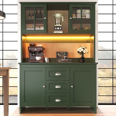 Buffet haut de cuisine marron avec portes vitrées et éclairage LED, armoire de rangement 120x40x179 cm, meuble suspendu vert.