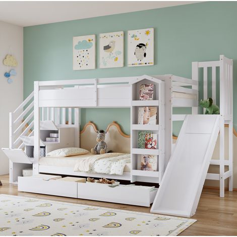 MEUBLIV Etagenbett 90x200 cm Weiß – mit Rutsche und Stauraum, ohne Matratze (1/5)