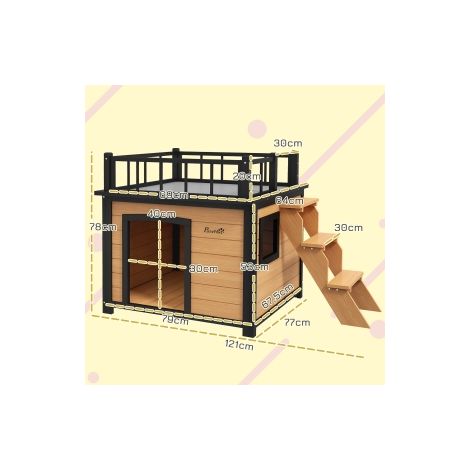 Niche pour chien jaune en sapin 121 x 77 x 78 cm avec balcon, escalier et fenêtre pour jardin, terrasse et plein air (1/5)