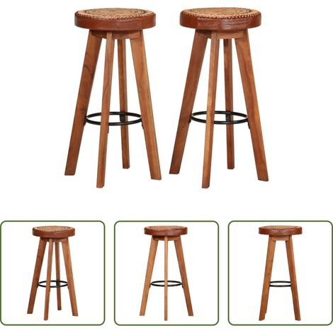 Bois d'acacia -  Tabourets de bar 2 pcs Cuir véritable et bois d'acacia solide (1/5)
