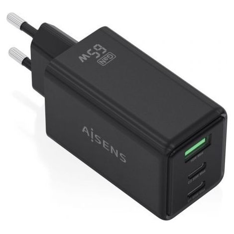 Cargador de Pared GaN Aisens ASCH-65W3P073-BK/ 2xUSB Tipo-C/ 1xUSB/ 65W/ Negro