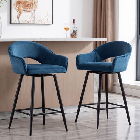 Wahson Barhocker 2er Set aus Samt, Modern Tresenhocker Gepolstert Barhocker mit Lehne Schwenkbar Metallbeinen für Esszimmer Hausbar, Blau