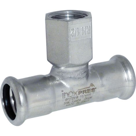 RACCORDO A T A PRESSARE CON DERIVAZIONE FILETTO FEMMINA FEMMINA IN ACCIAIO INX SERIE INOXPRESS UNIKO - ø35X1/2Xø35  - RMR