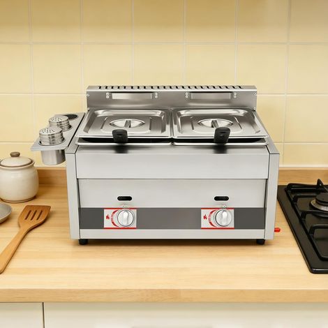 Friteuse à gaz, 60,3 x 46 x 33,5 cm, double réservoir commercial, en acier inoxydable, friteuse professionnelle avec paniers filtrants, couvercle, zones froides, pour restaurant, snack-bar, apéritifs (1/5)