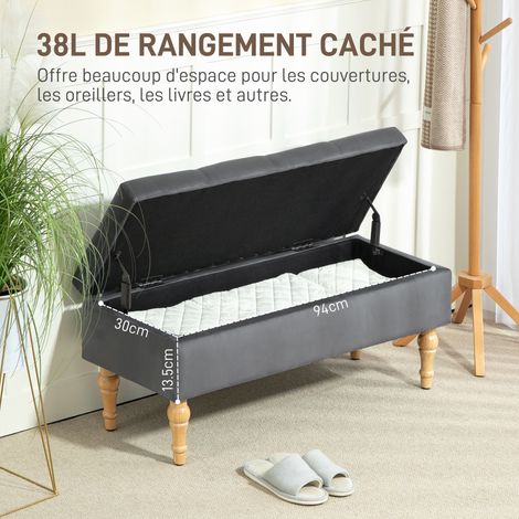 Banc coffre 2-en-1 velours charnière capitonnée pieds bois gris foncé (1/5)