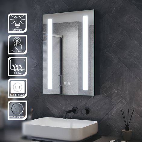 ELEGANT LED Bathroom Mirror Cabinet Dimmable Brightness with Shaver Socket and Demister Pad Black Cabinet Cupboard 500 x 700 x 130mm (1/5)