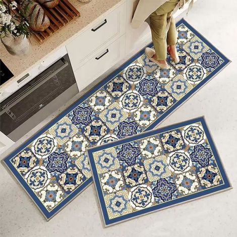 Tapis De Cuisine - Antidérapant Rectangulaire 40x60 Cm Et 40x120 Cm - Motif Fleurs Bleu Beige - Polyester - Lot De 2 Pièces (1/3)