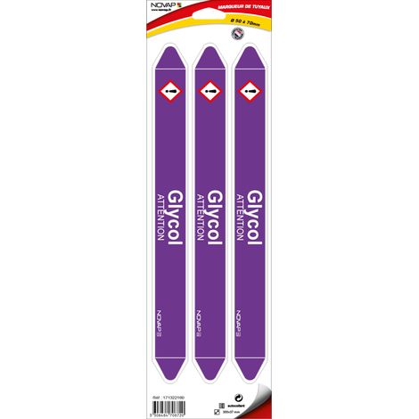 Planche de 3 marqueurs de tuyauterie 355 x 37 mm pour Ø 50 à 70 mm - Glycol - 4708720