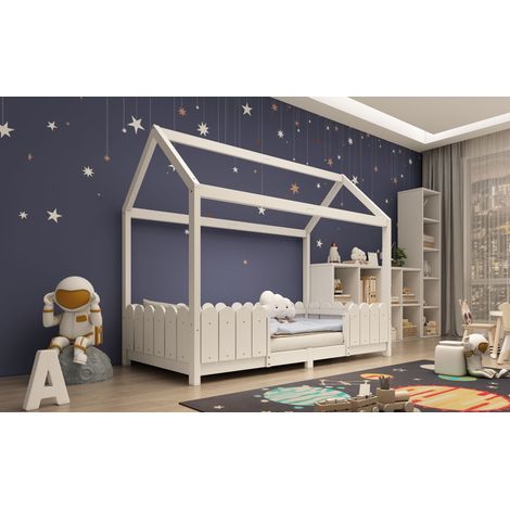 Lit de maison 90x200 cm en bois. Pratique pour enfants, protection contre éclats, structure planches, couleur blanche (sans matelas). (1/5)