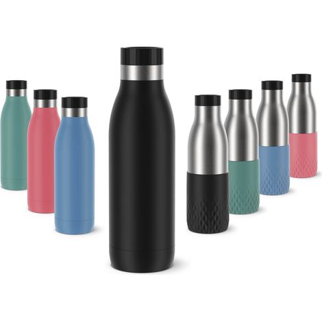Emsa Botella Bludrop Basic N31101, 0,5 litros, 100% hermética, cierre Quick-Press, placer de beber 360°, calor 12 h frío 24 h, apto para lavavajillas, acero inoxidable, color negro (1/5)