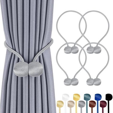 Juego de 4 alzapaños magnéticos para cortinas - Cordón de poliéster - No requiere taladrar - Para salón, dormitorio y baño - Plateado - 47 x 49 cm (1/5)