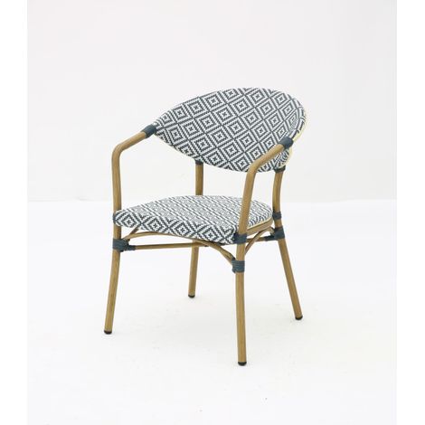 Fauteuil Bistrot Extérieur Intérieur Empilable – Structure Aluminium Aspect Bambou – Tressage Textilène – Style Terrasse de Café (1/5)