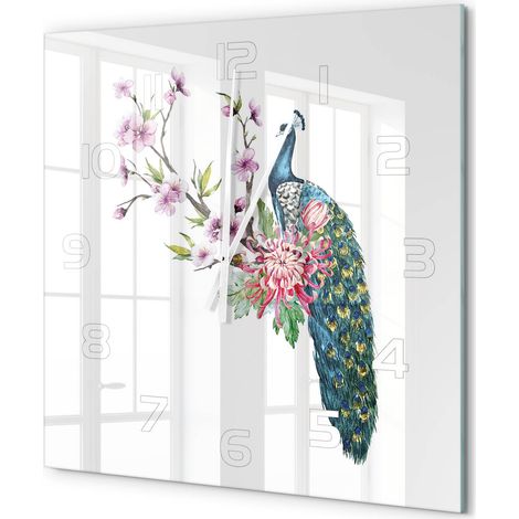 Grande Horloge Murale Carrée Design Moderne en Verre Trempé Silencieuse pour Salon Paon et fleurs 60x60 cm (1/5)