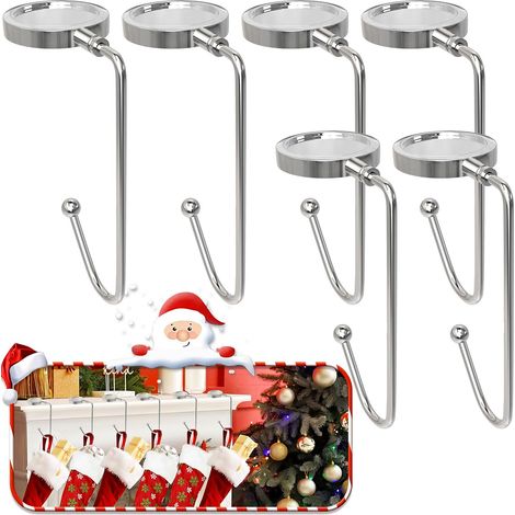 Lot de 6 crochets de cheminée robustes pour chaussettes de Noël, conception à clip sécurisée pour la décoration de cheminée et de fêtes, finition argent poli. (1/5)