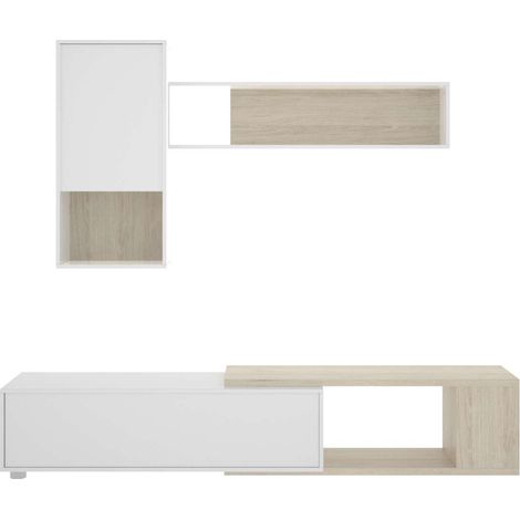Mueble salón Escañuela flexible en blanco brillo/natural (1/5)