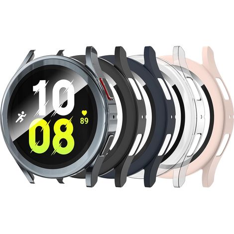 5 Pièces Coque Compatible avec Samsung Galaxy Watch 5 / Watch 4 40mm SM-R905/SM-860, Film Protection d'écran Trempé Coque, Protection Complète Anti-rayures, Noir, Rose, Dégager, Bleu, Gris (1/5)