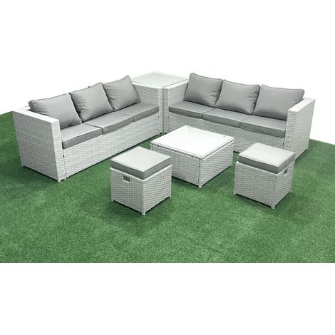 Fimous Ensemble de meubles de jardin en rotin 8 places Ensemble de canapés de jardin avec 2 Petits tabourets Table d'appoint Gris clair mixte (1/5)