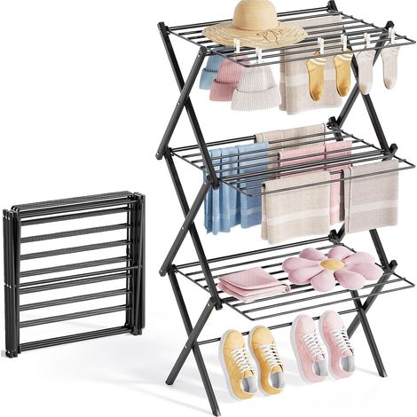 Etendoir Linge Interieur Pliable - Sechoir a Linge Pliable 3 Étagères Métallique Extérieur - et Extensible Gain de Place - Sèche Linge Tour - Solide Stable(Noir) (1/5)