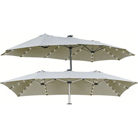 2er-Set  sonnenschirm mit LED Solar 4,5m Doppelsonnenschirm Gartenschirm oval in Hellgrau Schwarz für Terrasse & Garten