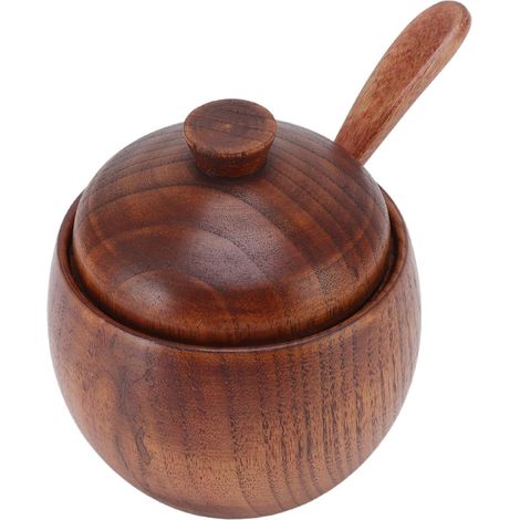 Wooden Salt Box with Dustproof Lid and Spoon for Kitchen Storage, Sugar Pot, Seasoning Container (1/5)