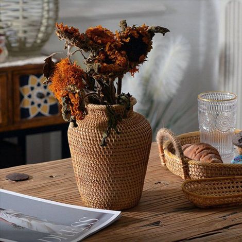 2X Rotin Tissé Vase Art Vase Mode Table Décoration Plantes Pot de Fleur Fou Maison Jardinage Fournitures Fleur (1/5)