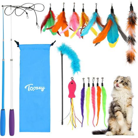 Jouet Chat 16 pièces Jouets pour Chats avec 2 tiges interactives rétractables pour Chat et 14 pièces de Remplacement pour Plumes/Insectes/Poissons avec Cloches, avec Sac de Rangement (1/5)