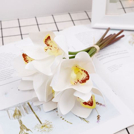 Decoración con orquídeas: 6 tallos de orquídeas artificiales de seda 3D para decoración de bodas y fiestas, color blanco. (1/5)
