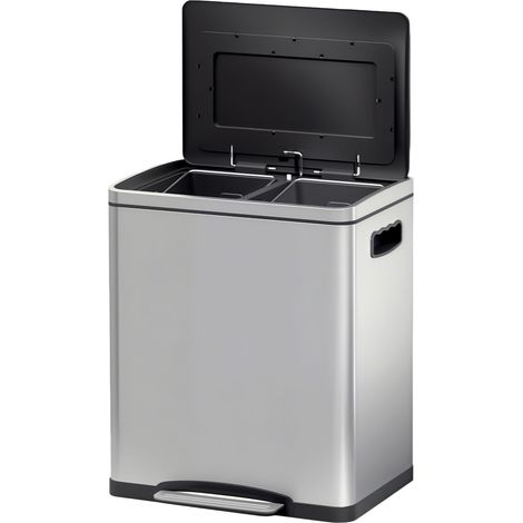 Zweikammer-Küchenmülleimer 2x15L aus Edelstahl, Pedalöffnung, sanfter Soft-Close-Deckel, geräuschlos, kompakt, hygienisch zur einfachen Mülltrennung