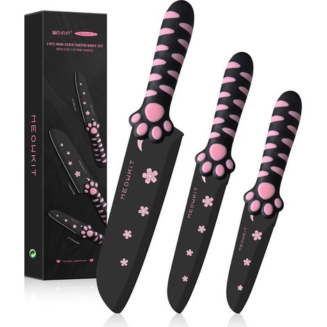 Set de 3 Couteaux de Cuisine en Acier Inoxydable, Coffret Couteaux Affûtés avec Couteau Chef, Universel et d'Office, Poignée Biomimétique en Patte de Chat (1/5)