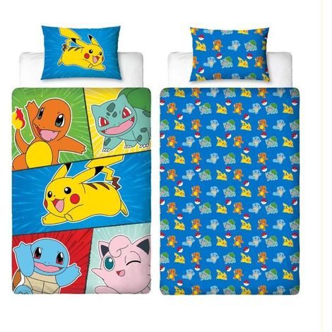 Set di biancheria da letto - POKEMON - Pikachu e Starter 1G V - Microfibra - 1 copripiumino 140 x 200 cm + 1 federa 63 x 63 cm