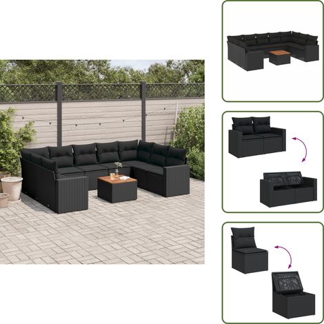 Ratán sintético - vidaXL Set de sofás de jardín 10 pzas cojines ratán sintético negro - Cojines traseros