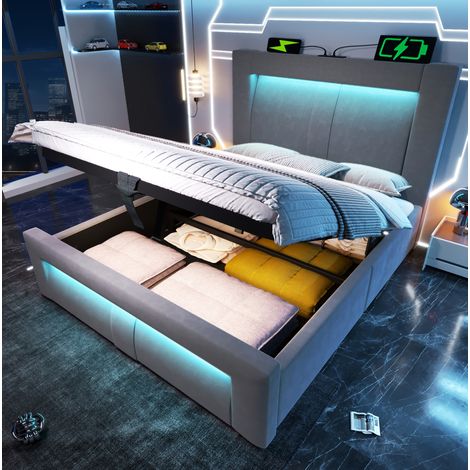Bett 90x200 cm modern in Grau, Samt, mit hydraulischem Stauraum, LED, USB & Type-C, geschwungenem Kopfteil, inkl. Matratze (1/5)