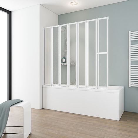 Schulte – Pare-baignoire pliant 159x140 cm – Verre synthétique 3 mm – 7 volets rabattables – Montage réversible gauche/droite – Profilé blanc