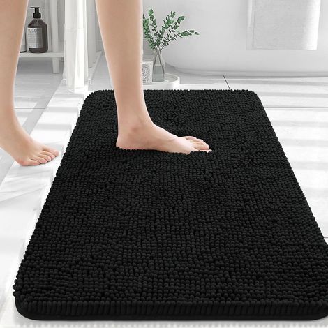 Badematte 50 x 80 cm, ultraweiche und saugfähige Chenille-Badematte, Gummirückseite, schnelltrocknend, maschinenwaschbar, Wohnaccessoire, schwarz