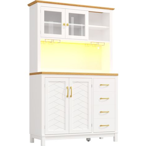 CAIziBuffet / meuble de rangement / meuble de cuisine / vaisselier, 105,5 x 40 x 180 cm, style campagne, 4 portes, avec bande lumineuse LED et porte-gobelets, vert/noir/blanc